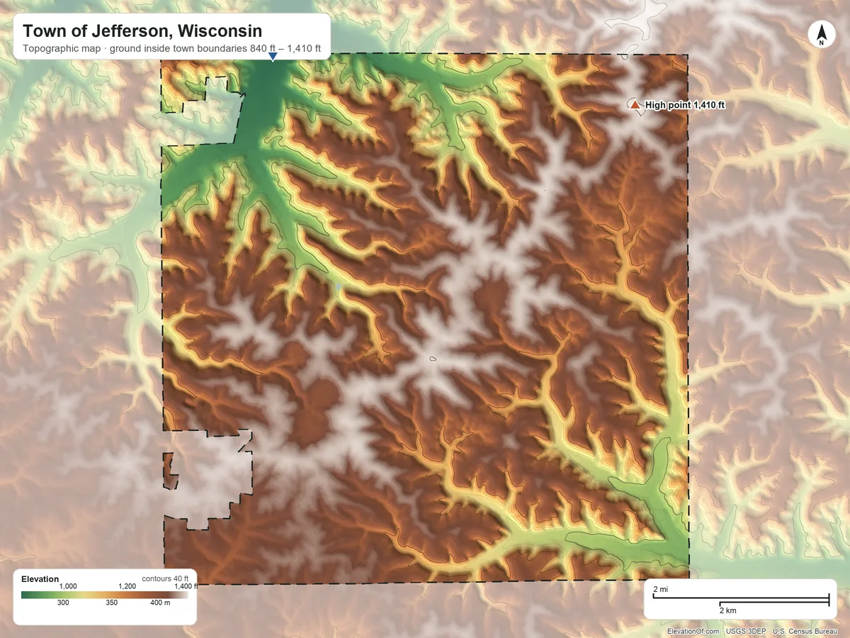 Topographic elevation map of Town of Jefferson, Wisconsin, shaded from 840 ft on the northwest side to 1,410 ft on the northeast side