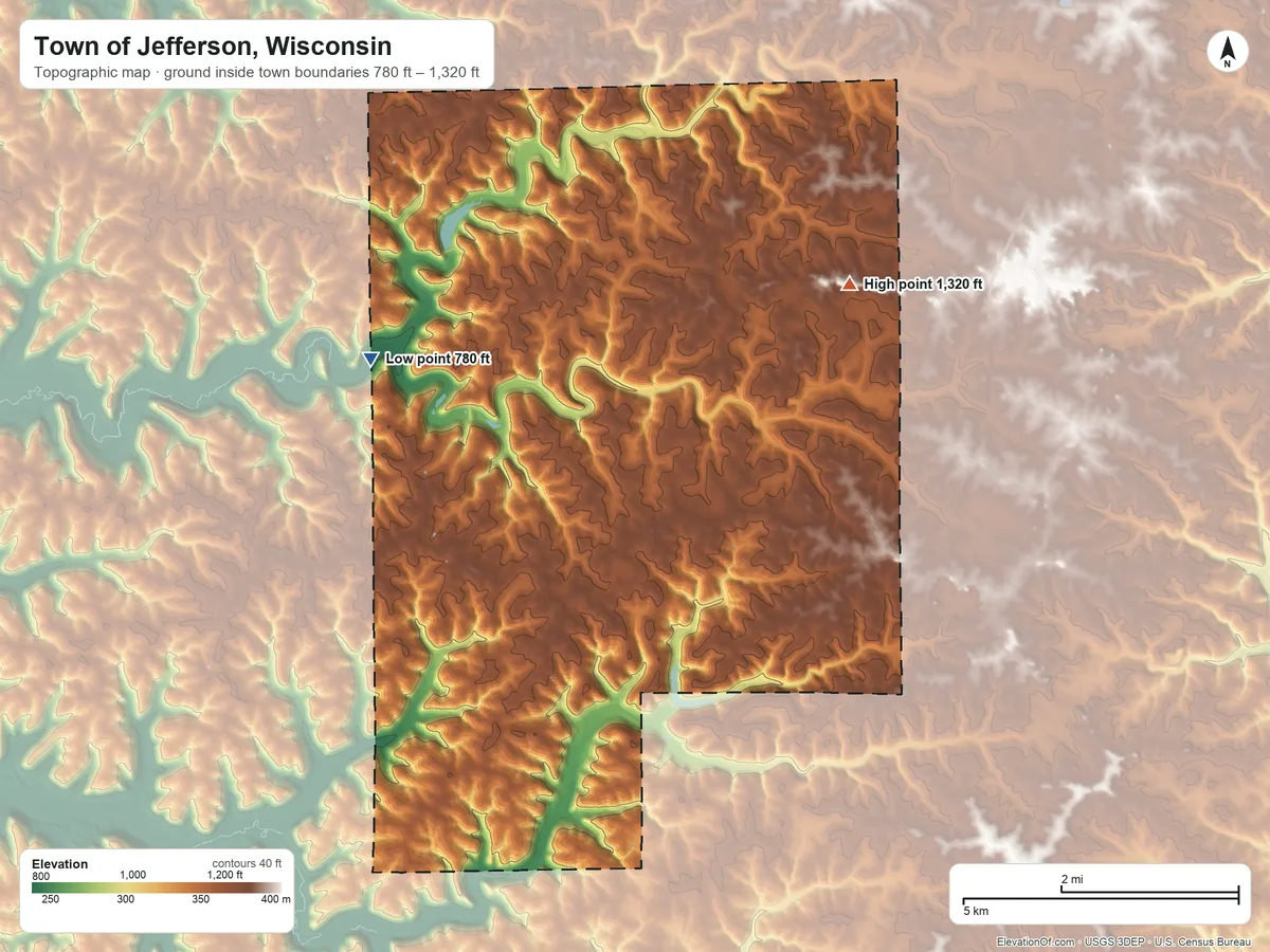 Topographic elevation map of Town of Jefferson, Wisconsin, shaded from 780 ft on the northwest side to 1,320 ft on the northeast side
