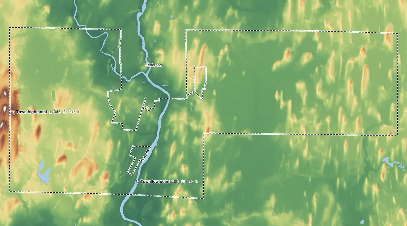 Topographic elevation map of Town of Jefferson, Wisconsin, shaded from 780 ft on the southwest side to 1,040 ft on the west side