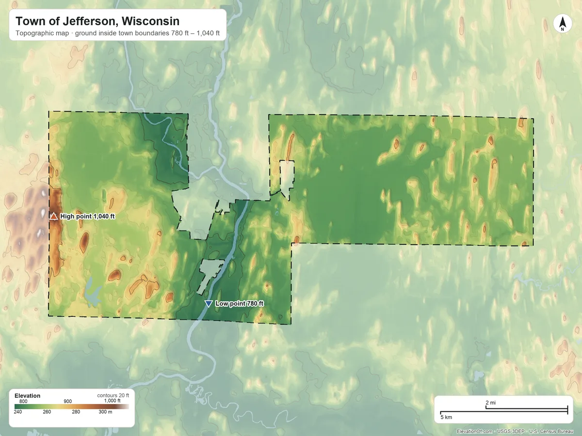 Topographic elevation map of Town of Jefferson, Wisconsin, shaded from 780 ft on the southwest side to 1,040 ft on the west side