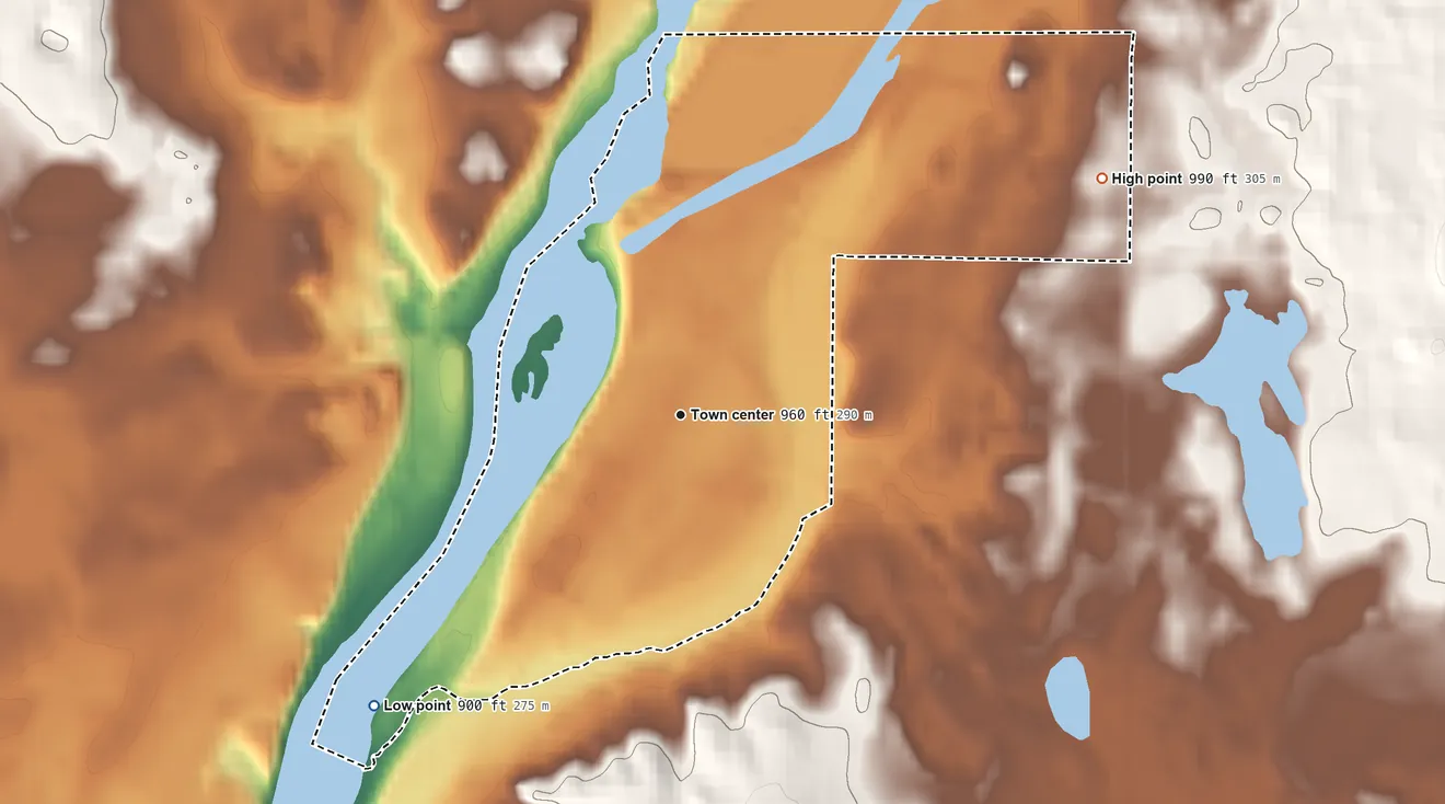 Topographic elevation map of Jim Falls, Wisconsin, shaded from 900 ft on the southwest side to 990 ft on the northeast side