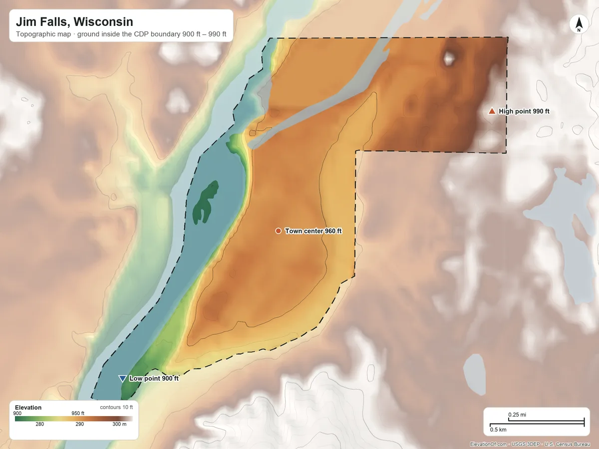Topographic elevation map of Jim Falls, Wisconsin, shaded from 900 ft on the southwest side to 990 ft on the northeast side