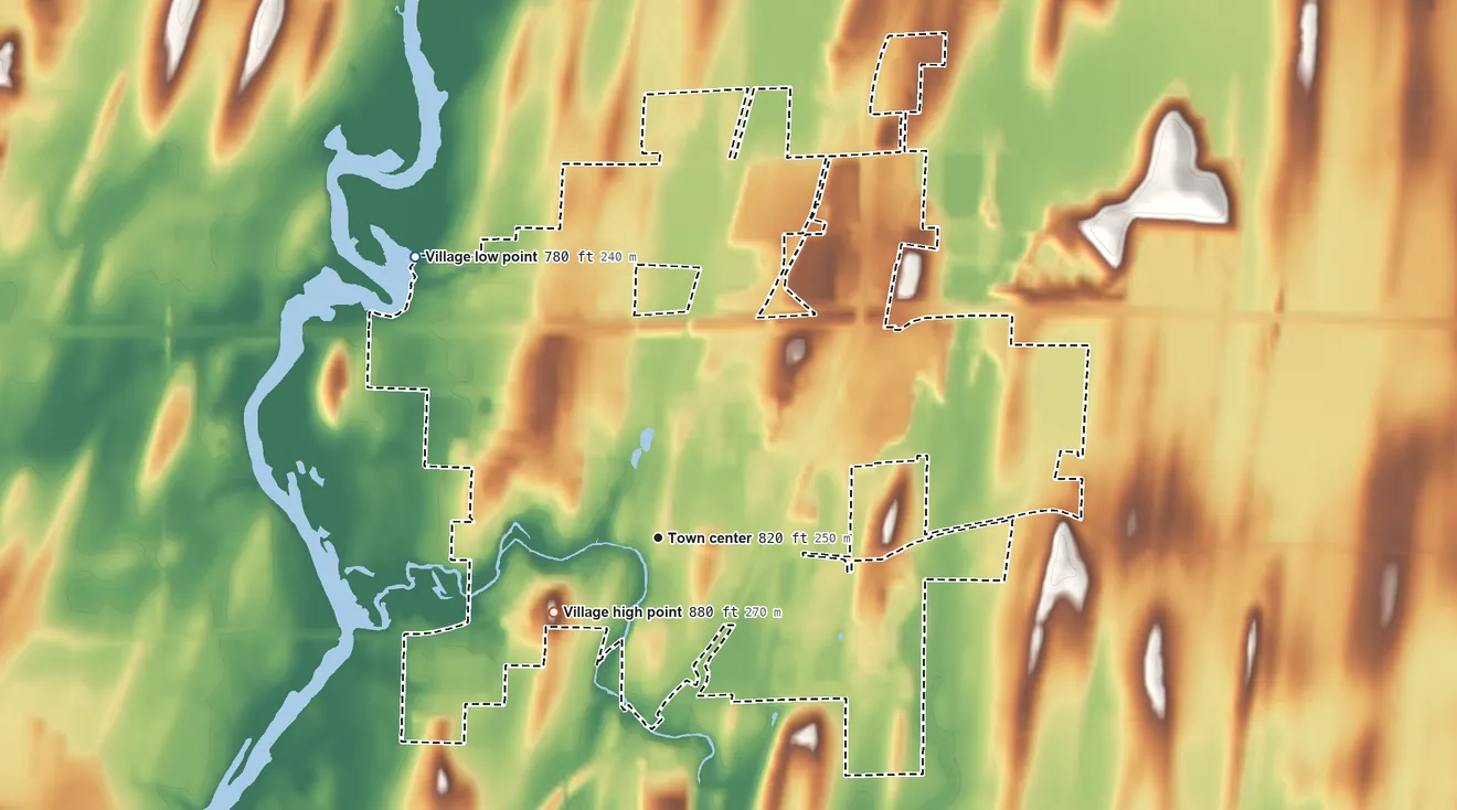 Topographic elevation map of Johnson Creek, Wisconsin, shaded from 780 ft on the northwest side to 880 ft on the southwest side