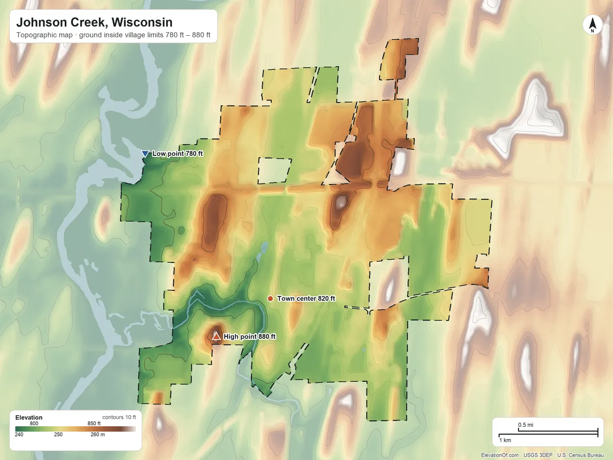 Topographic elevation map of Johnson Creek, Wisconsin, shaded from 780 ft on the northwest side to 880 ft on the southwest side