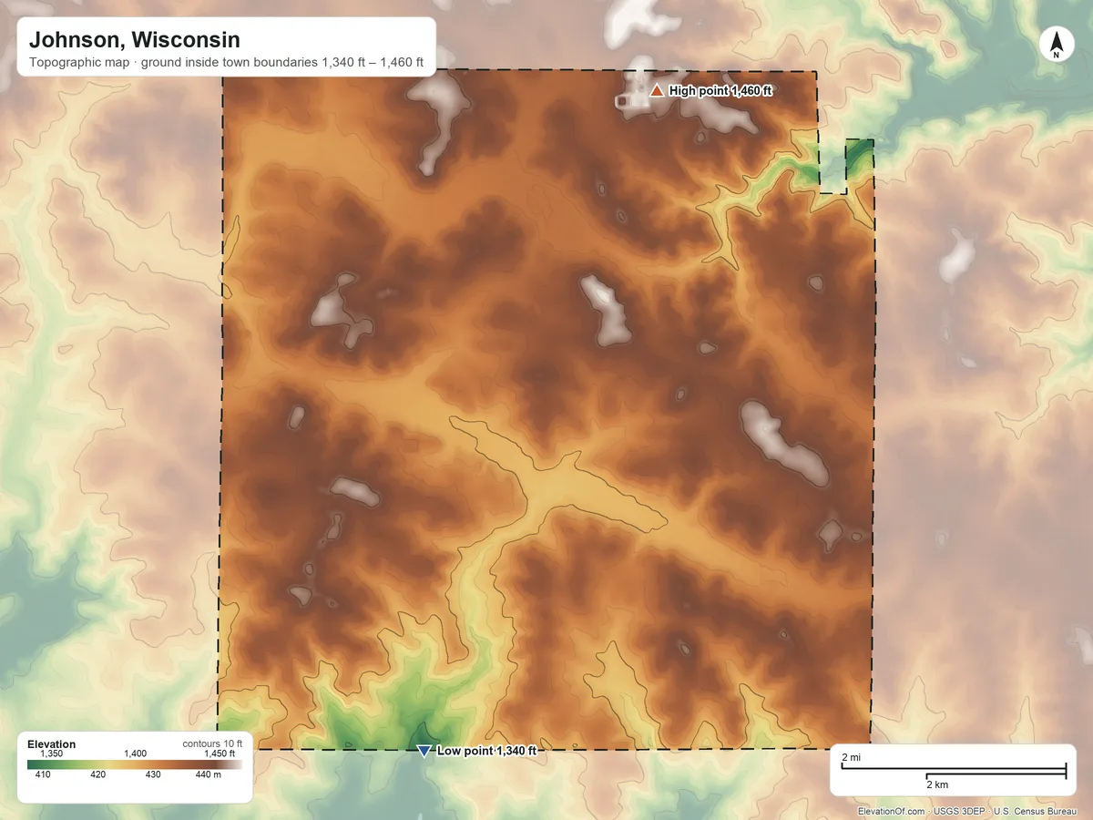 Topographic elevation map of Johnson, Wisconsin, shaded from 1,340 ft on the southwest side to 1,460 ft on the north side
