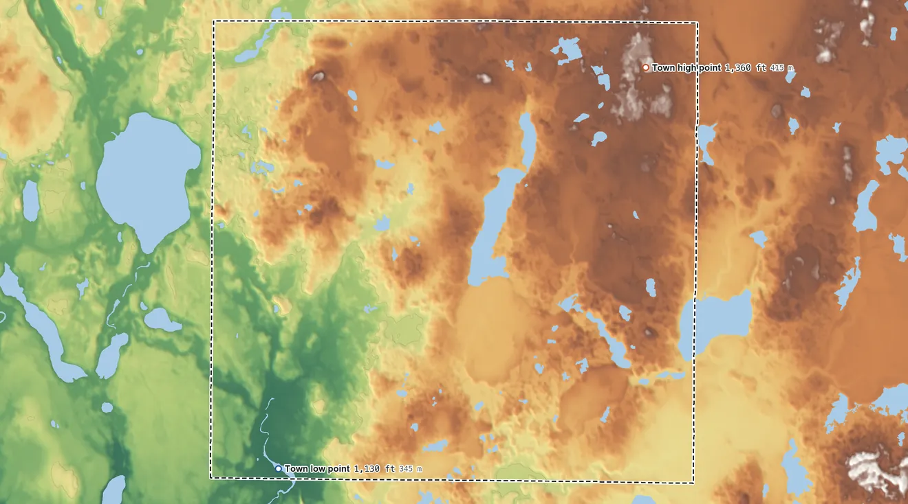 Topographic elevation map of Johnstown, Polk County, Wisconsin, shaded from 1,130 ft on the southwest side to 1,360 ft on the northeast side