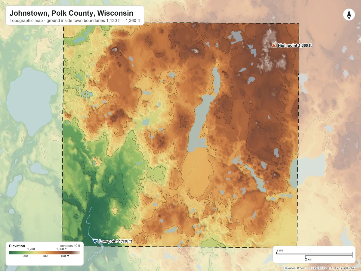 Topographic elevation map of Johnstown, Polk County, Wisconsin, shaded from 1,130 ft on the southwest side to 1,360 ft on the northeast side