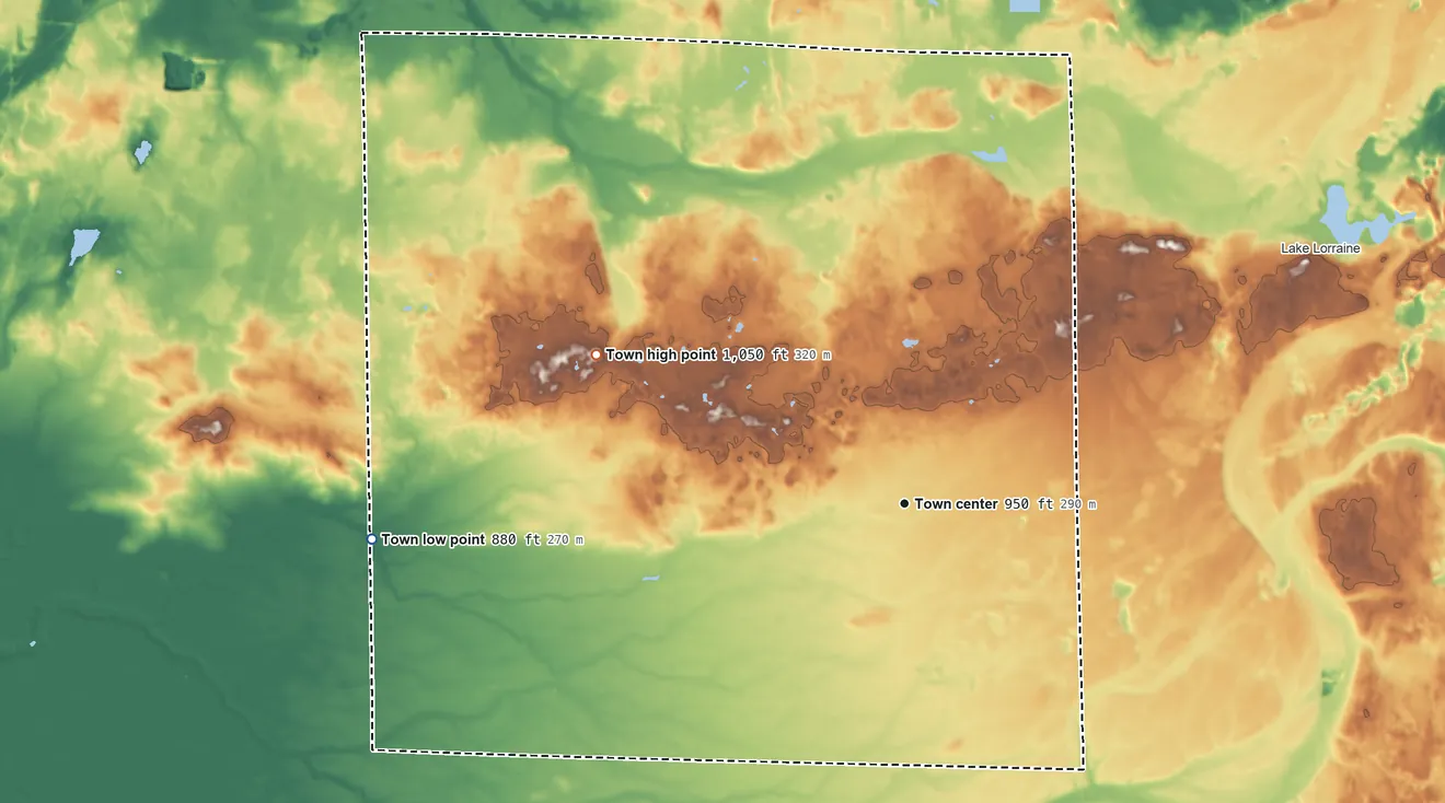 Topographic elevation map of Johnstown, Wisconsin, shaded from 880 ft on the west side to 1,050 ft on the northwest side