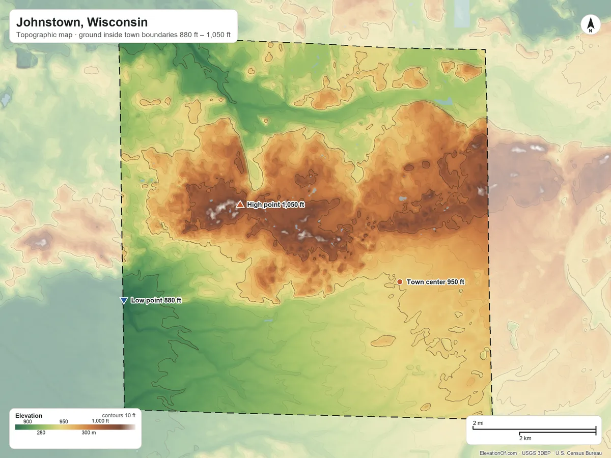 Topographic elevation map of Johnstown, Wisconsin, shaded from 880 ft on the west side to 1,050 ft on the northwest side