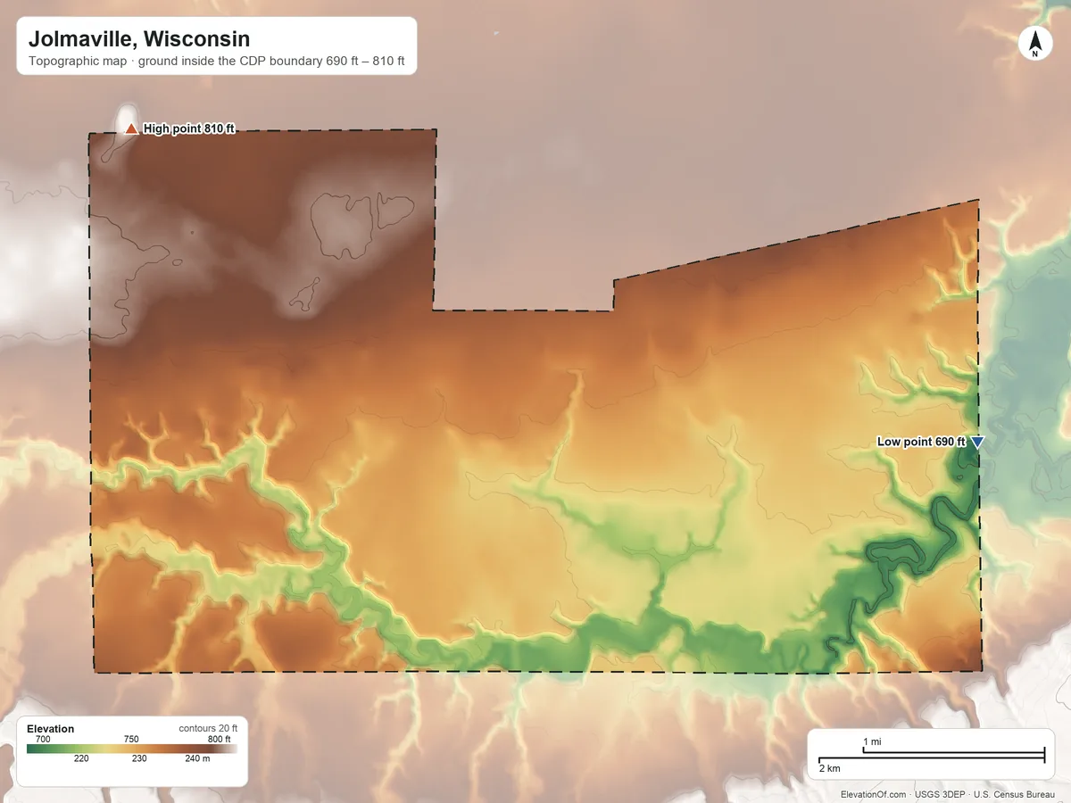 Topographic elevation map of Jolmaville, Wisconsin, shaded from 690 ft on the east side to 810 ft on the northwest side