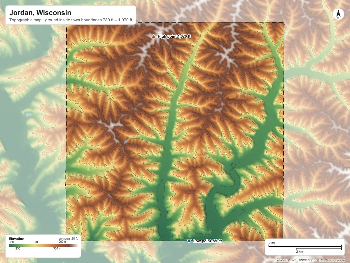 Topographic elevation map of Jordan, Wisconsin, shaded from 780 ft on the south side to 1,070 ft on the north side