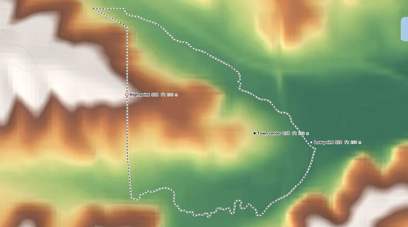 Topographic elevation map of Juda, Wisconsin, shaded from 820 ft on the east side to 920 ft on the west side