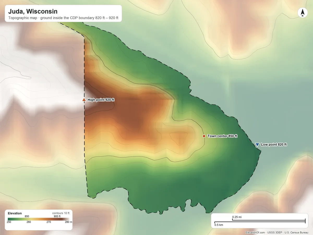 Topographic elevation map of Juda, Wisconsin, shaded from 820 ft on the east side to 920 ft on the west side