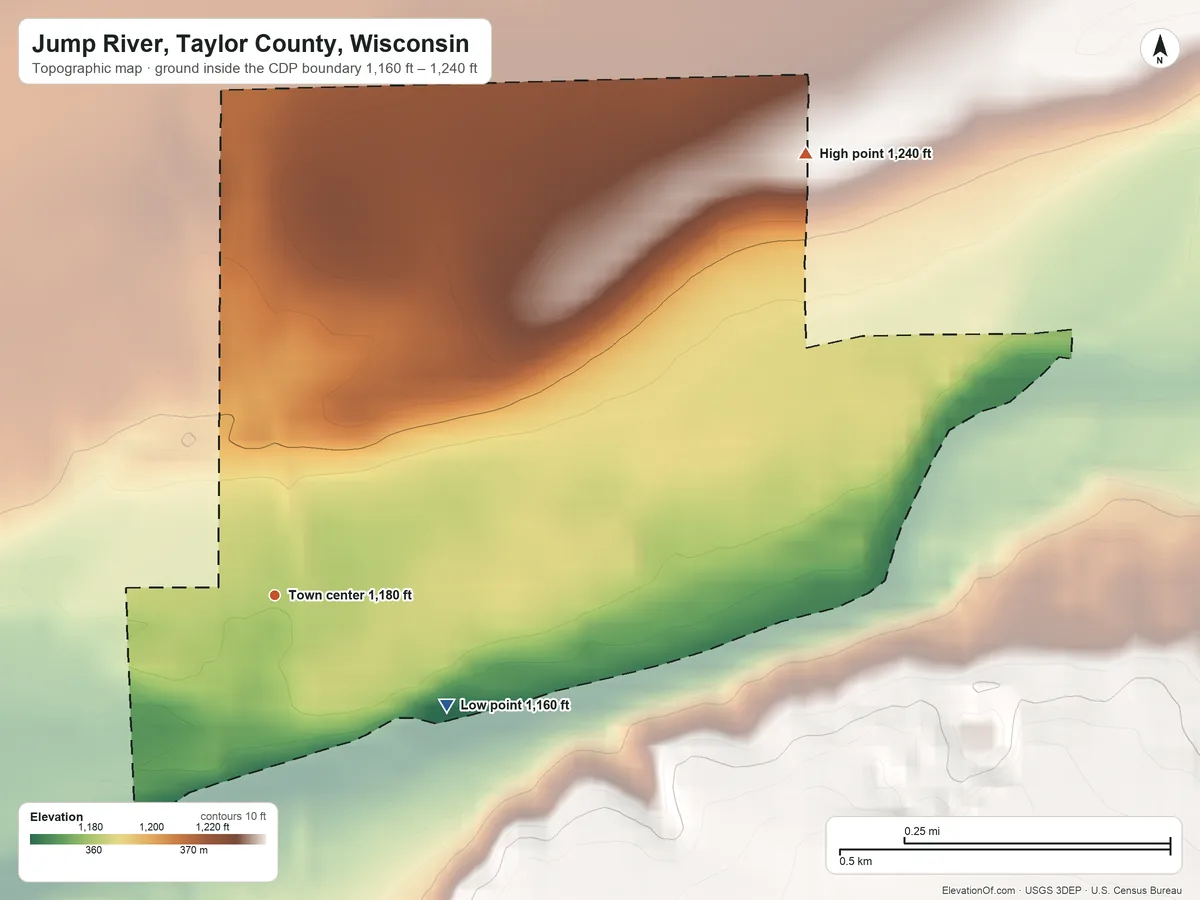 Topographic elevation map of Jump River, Taylor County, Wisconsin, shaded from 1,160 ft on the southeast side to 1,240 ft on the northeast side