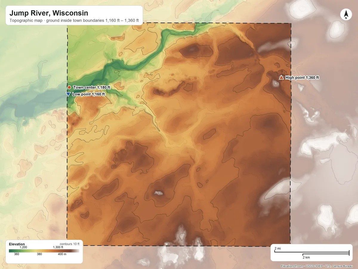 Topographic elevation map of Jump River, Wisconsin, shaded from 1,160 ft near the middle to 1,360 ft on the east side