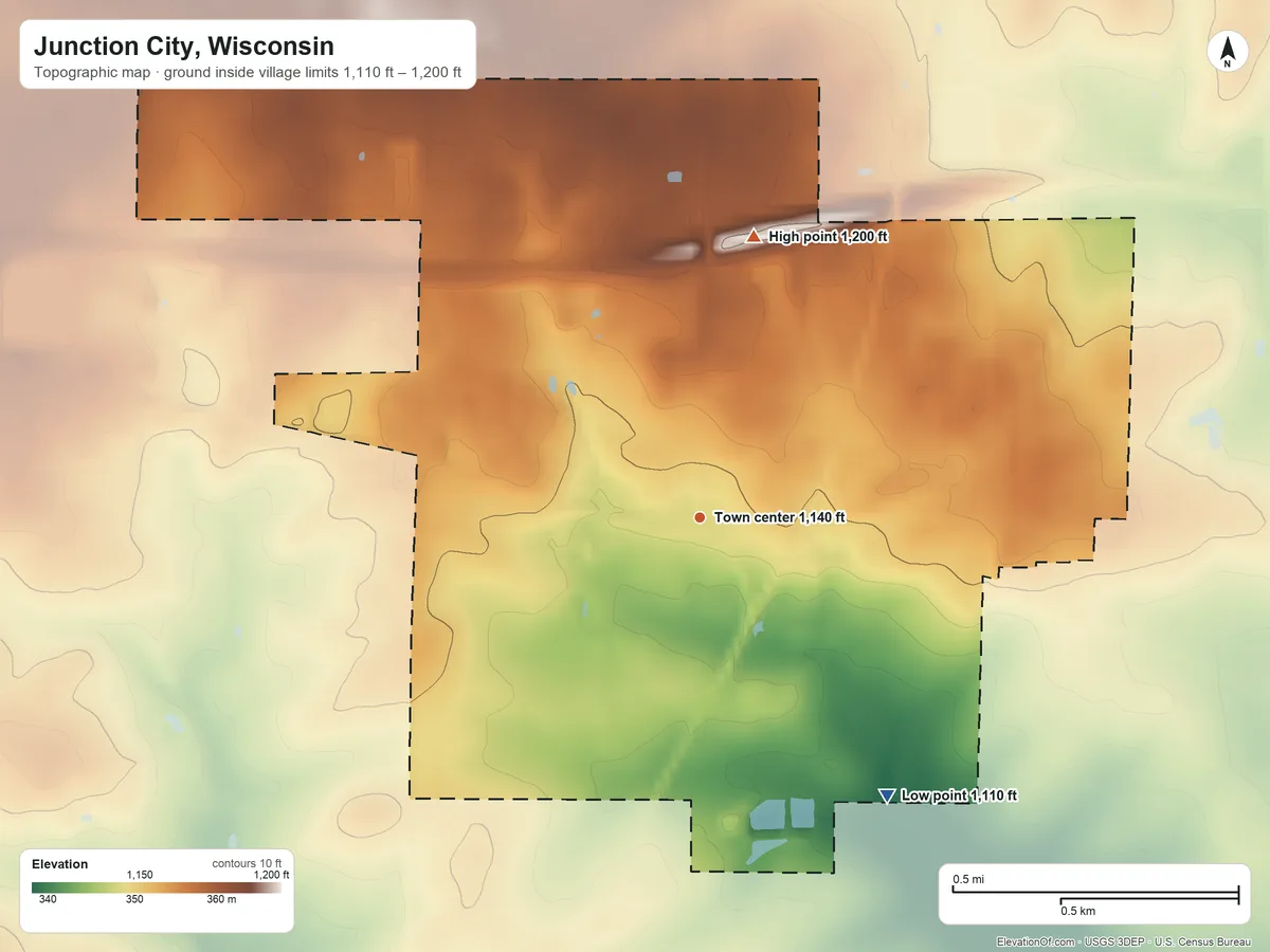 Topographic elevation map of Junction City, Wisconsin, shaded from 1,110 ft on the southeast side to 1,200 ft on the north side