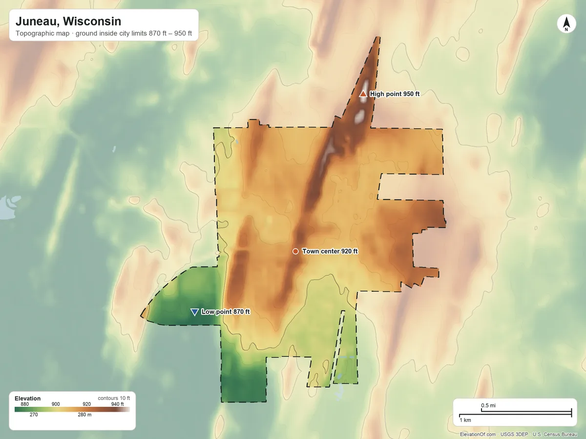 Topographic elevation map of Juneau, Wisconsin, shaded from 870 ft on the southwest side to 950 ft on the northeast side