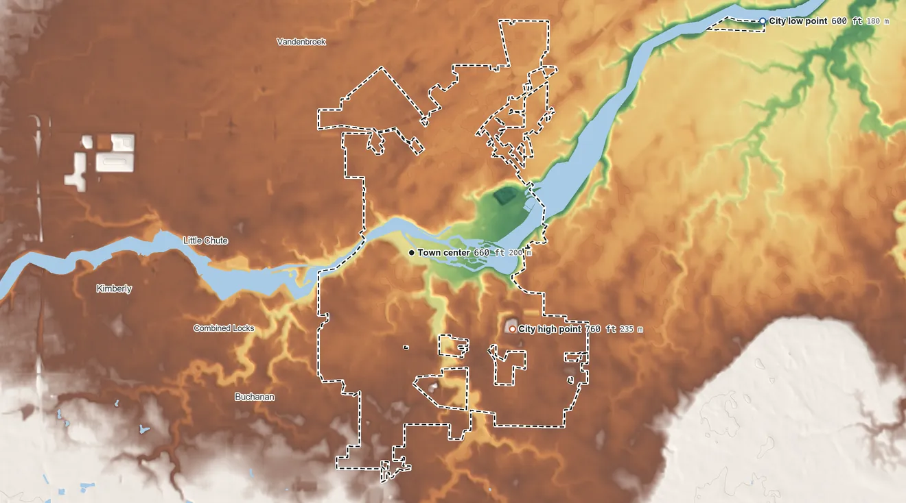 Topographic elevation map of Kaukauna, Wisconsin, shaded from 600 ft on the northeast side to 760 ft on the southeast side