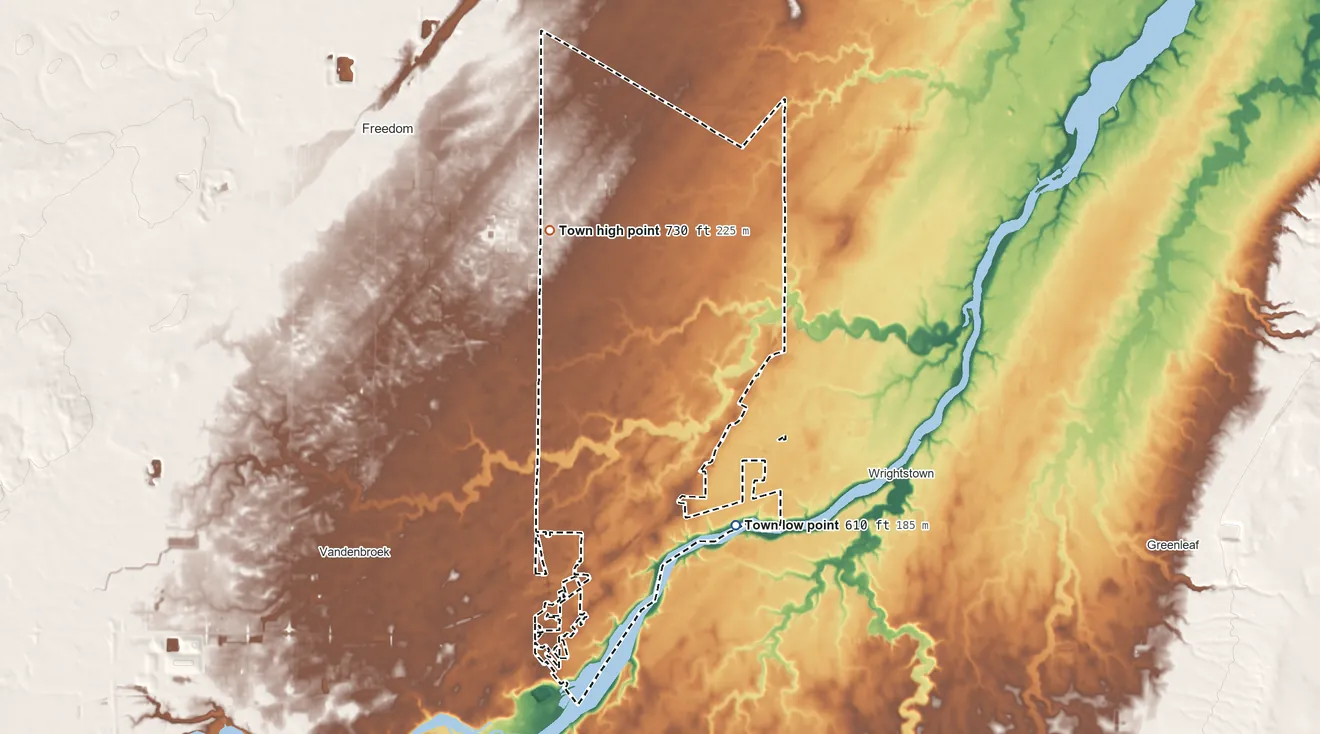 Topographic elevation map of Town of Kaukauna, Wisconsin, shaded from 610 ft on the southeast side to 730 ft on the northwest side