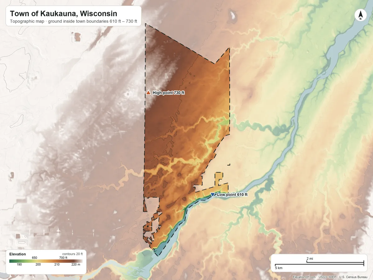 Topographic elevation map of Town of Kaukauna, Wisconsin, shaded from 610 ft on the southeast side to 730 ft on the northwest side