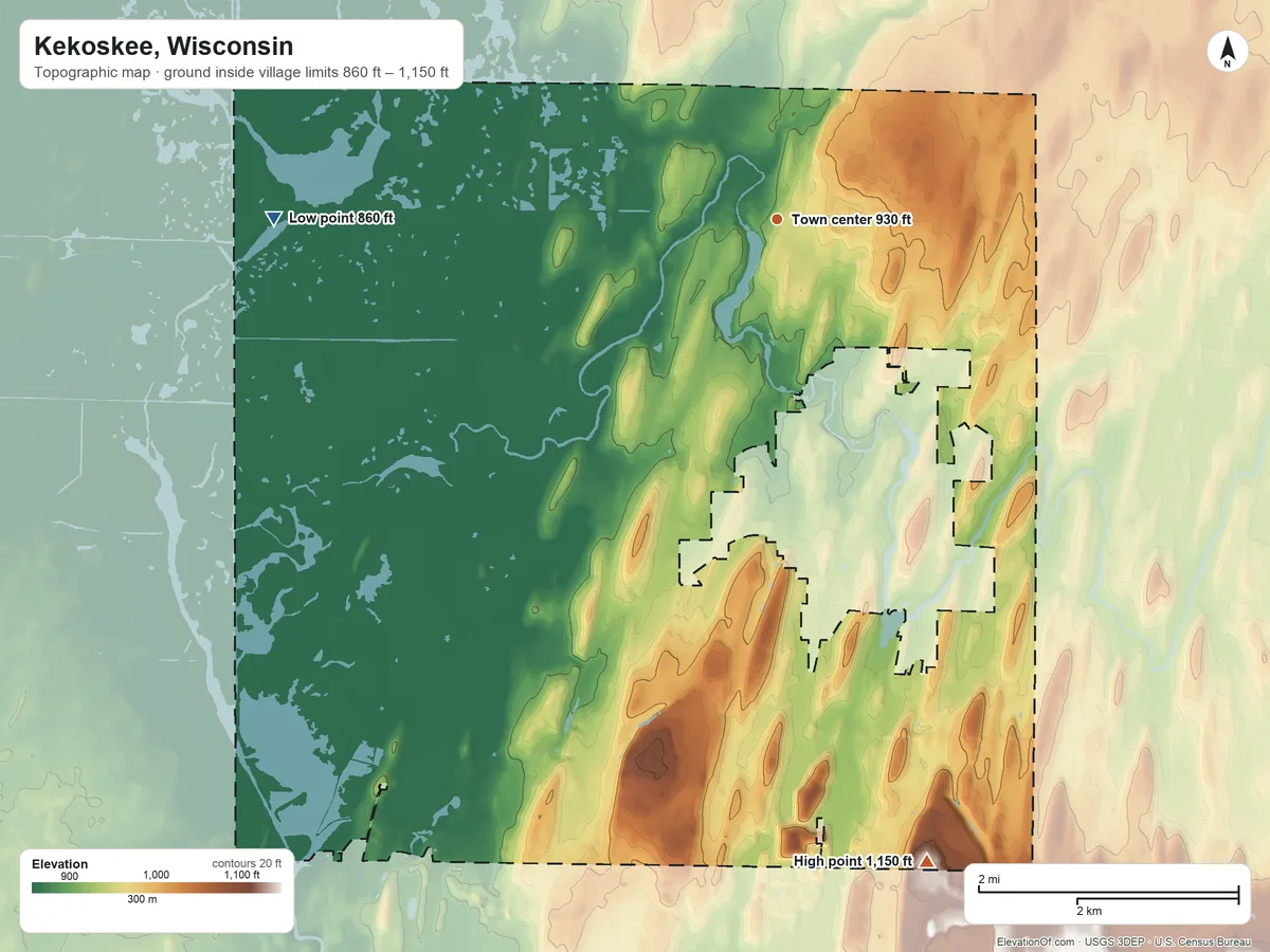 Topographic elevation map of Kekoskee, Wisconsin, shaded from 860 ft on the west side to 1,150 ft on the south side