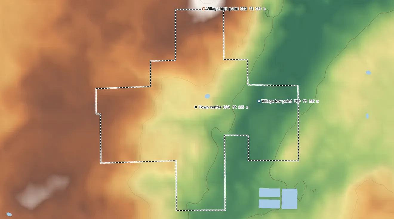 Topographic elevation map of Kellnersville, Wisconsin, shaded from 780 ft on the east side to 910 ft on the north side