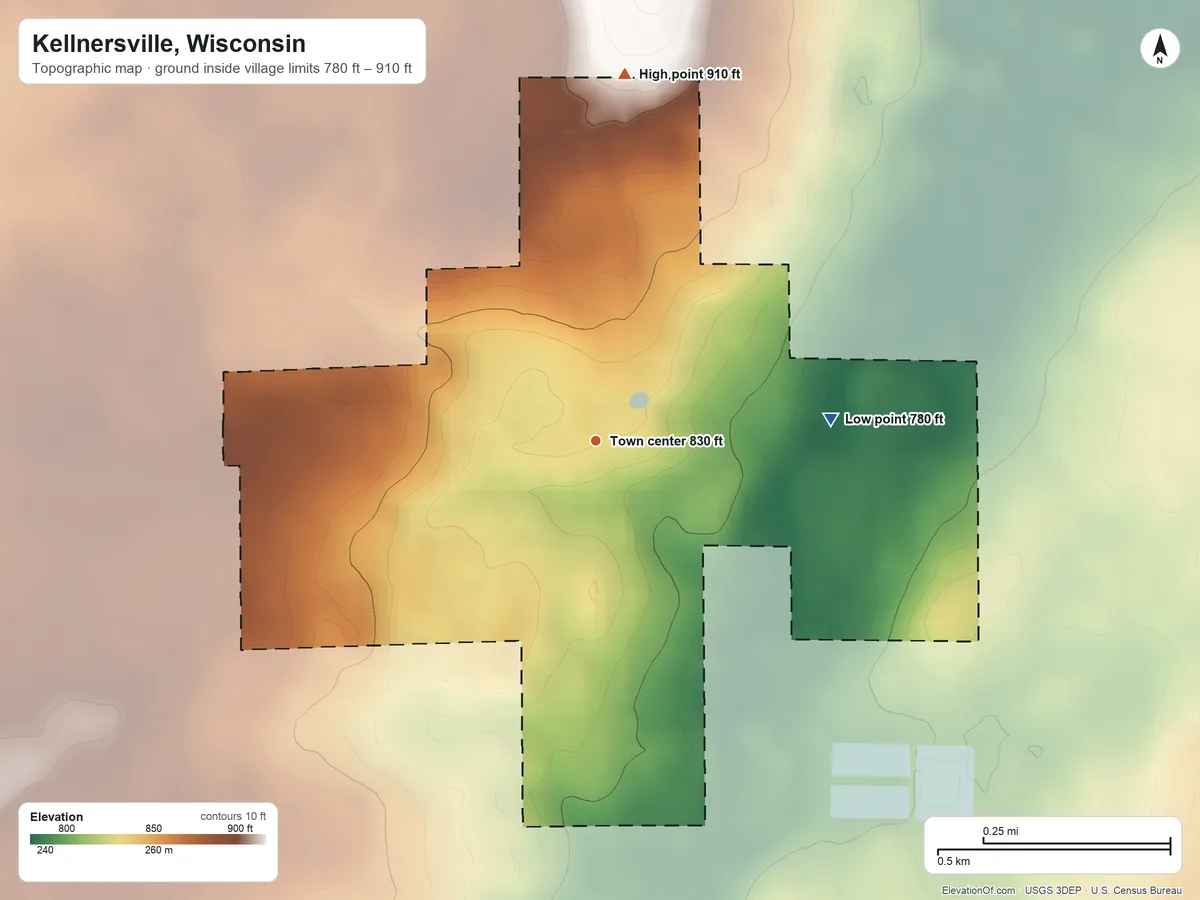 Topographic elevation map of Kellnersville, Wisconsin, shaded from 780 ft on the east side to 910 ft on the north side