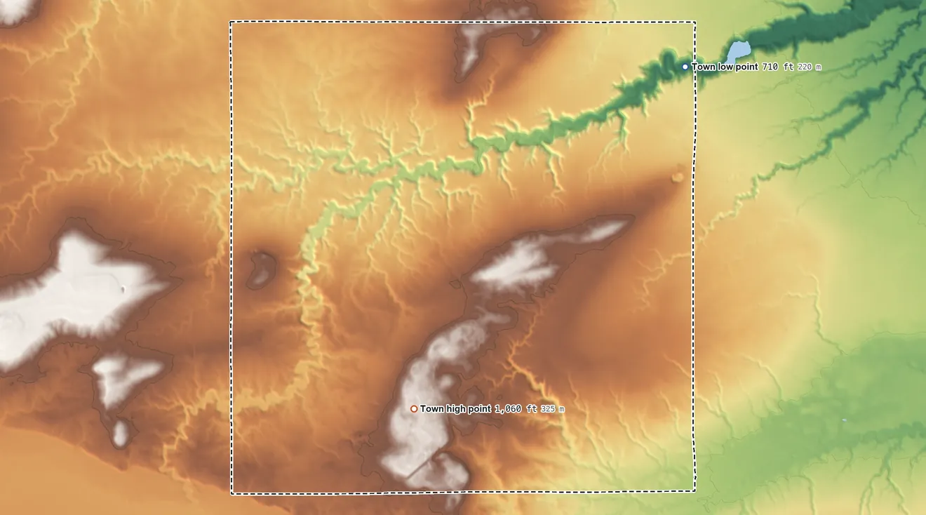Topographic elevation map of Kelly, Wisconsin, shaded from 710 ft on the northeast side to 1,060 ft on the south side