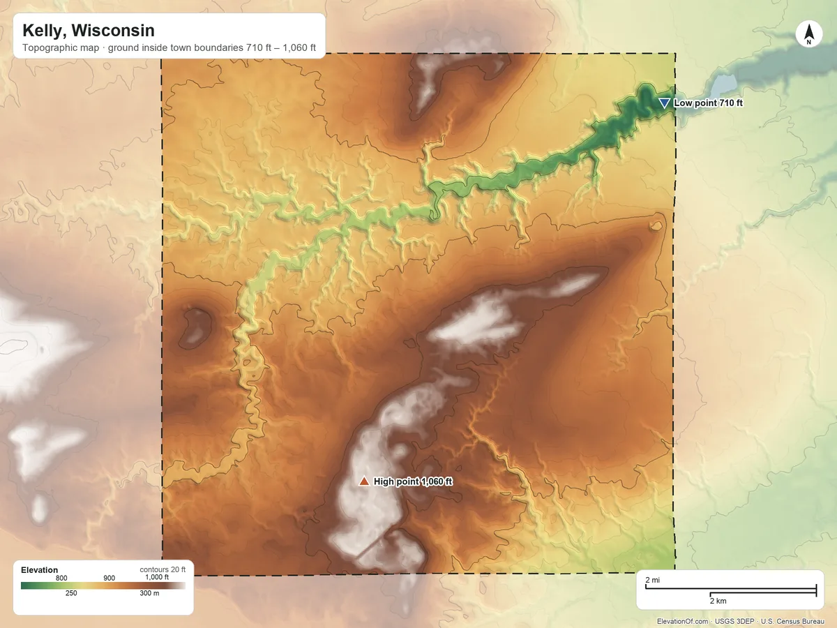 Topographic elevation map of Kelly, Wisconsin, shaded from 710 ft on the northeast side to 1,060 ft on the south side