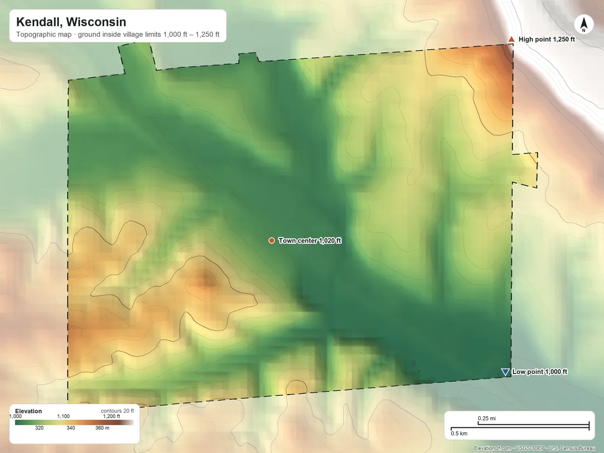 Topographic elevation map of Kendall, Wisconsin, shaded from 1,000 ft on the southeast side to 1,250 ft on the northeast side