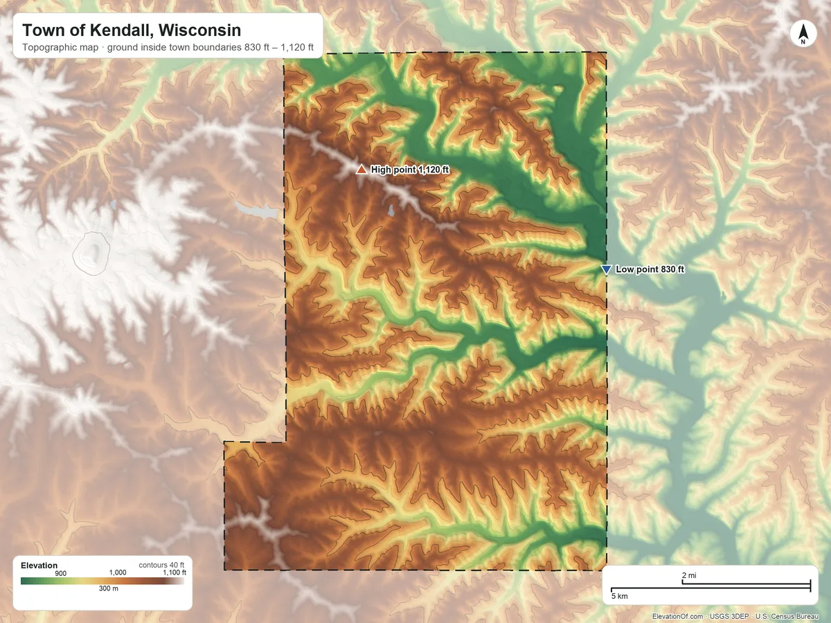 Topographic elevation map of Town of Kendall, Wisconsin, shaded from 830 ft on the northeast side to 1,120 ft on the northwest side