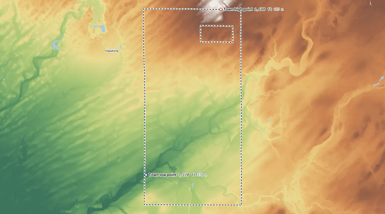 Topographic elevation map of Kennan, Wisconsin, shaded from 1,220 ft on the southwest side to 1,600 ft on the northeast side
