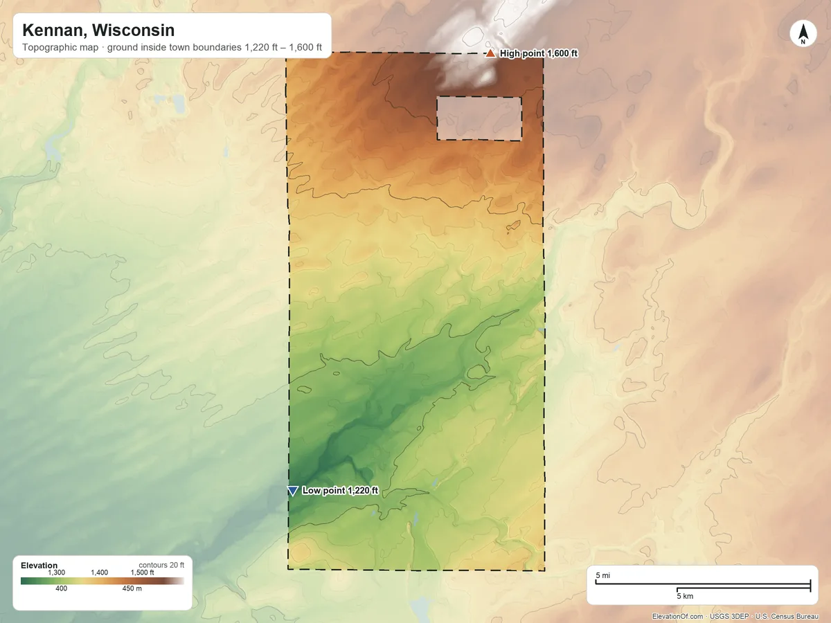 Topographic elevation map of Kennan, Wisconsin, shaded from 1,220 ft on the southwest side to 1,600 ft on the northeast side