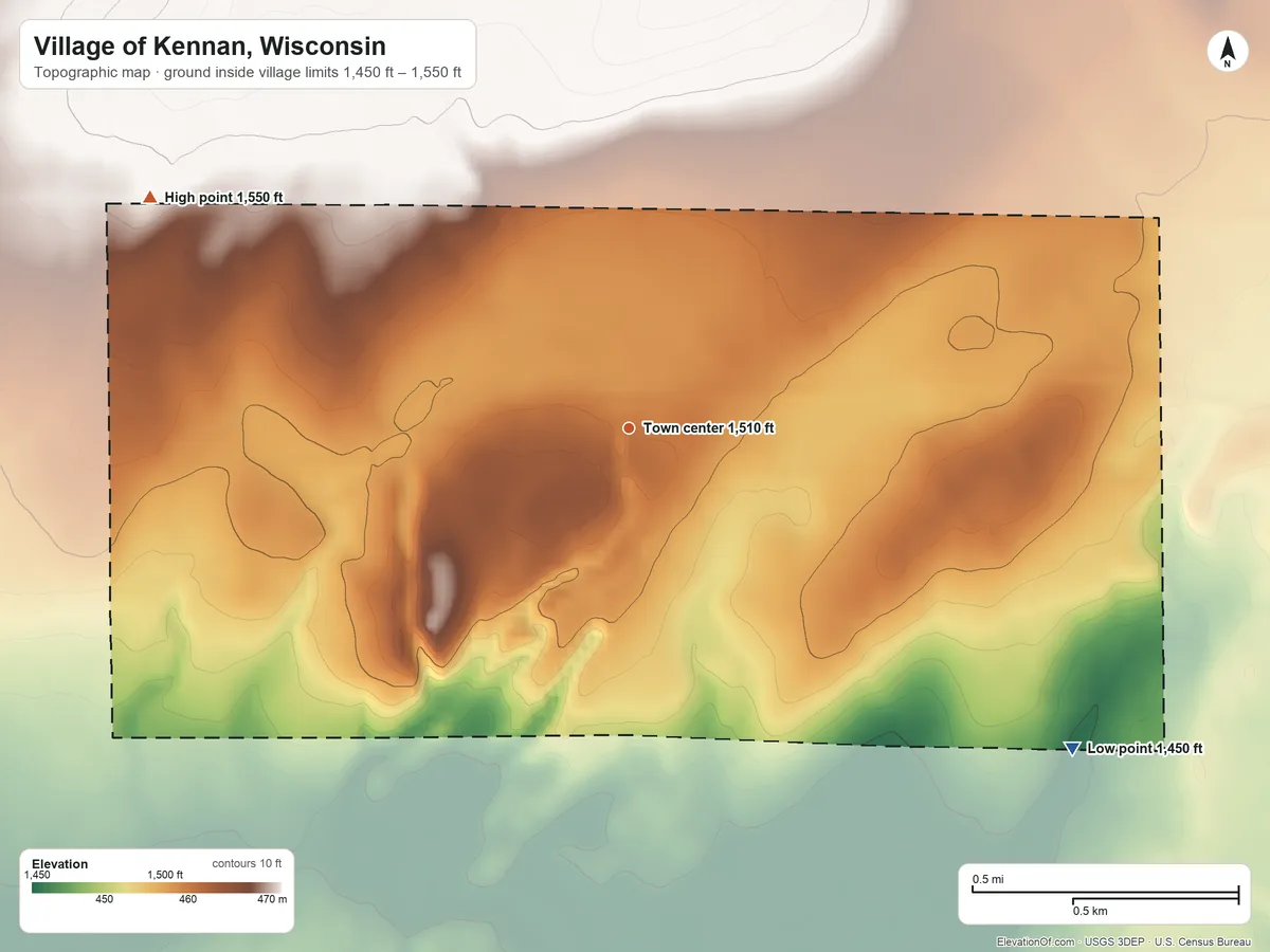 Topographic elevation map of Village of Kennan, Wisconsin, shaded from 1,450 ft on the southeast side to 1,550 ft on the northwest side