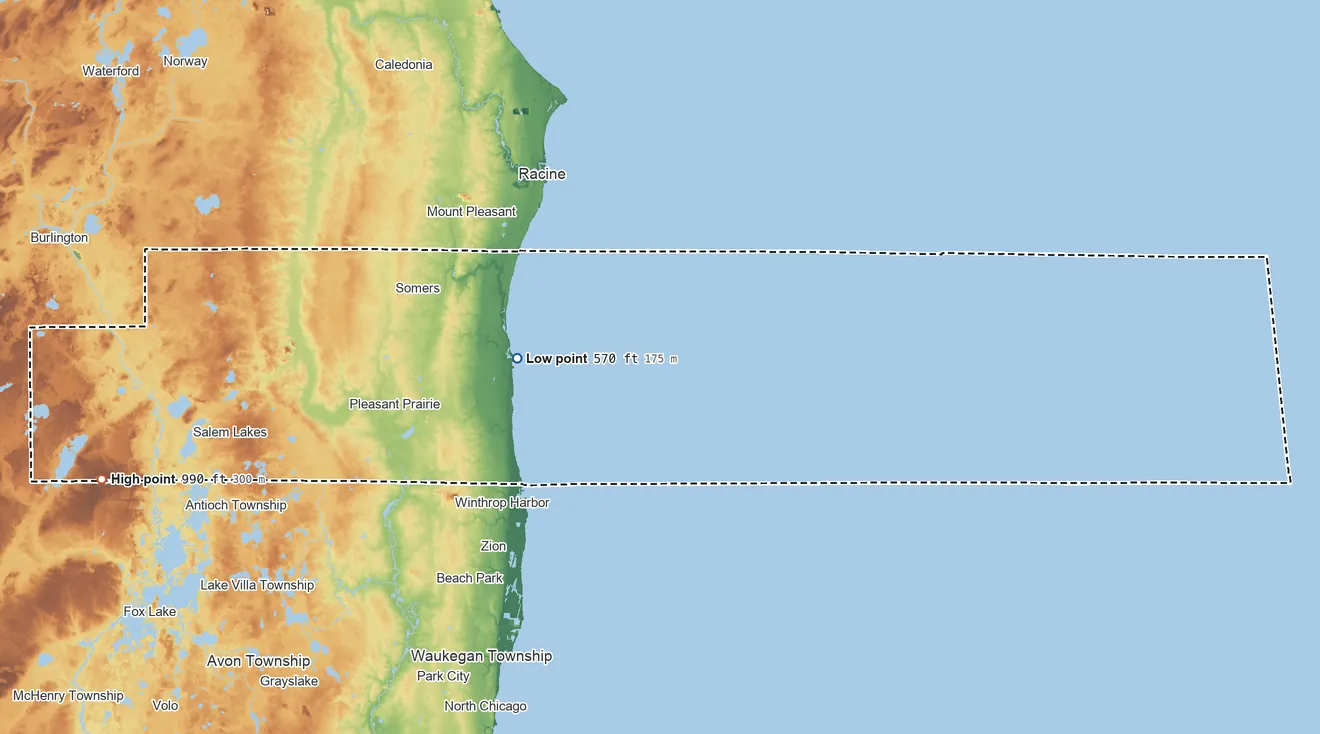 Topographic elevation map of Kenosha County, Wisconsin, shaded from 570 ft on the west side to 990 ft on the west side