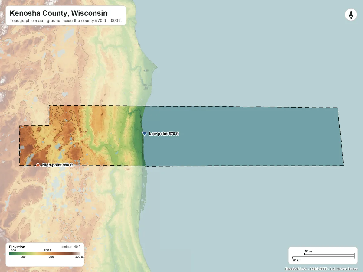 Topographic elevation map of Kenosha County, Wisconsin, shaded from 570 ft on the west side to 990 ft on the west side