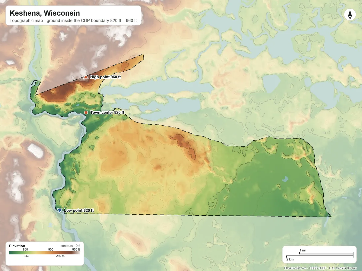 Topographic elevation map of Keshena, Wisconsin, shaded from 820 ft on the south side to 960 ft on the north side