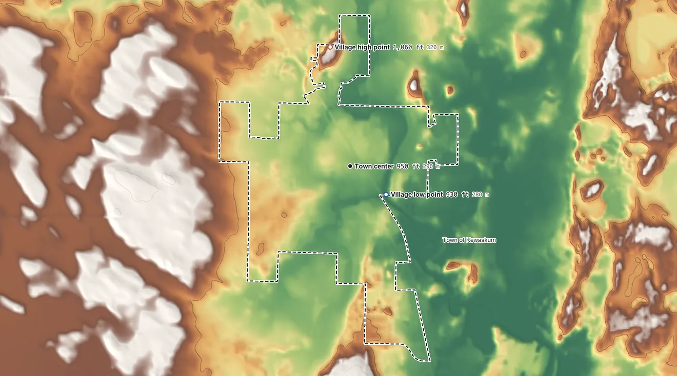 Topographic elevation map of Kewaskum, Wisconsin, shaded from 930 ft on the southeast side to 1,060 ft on the north side