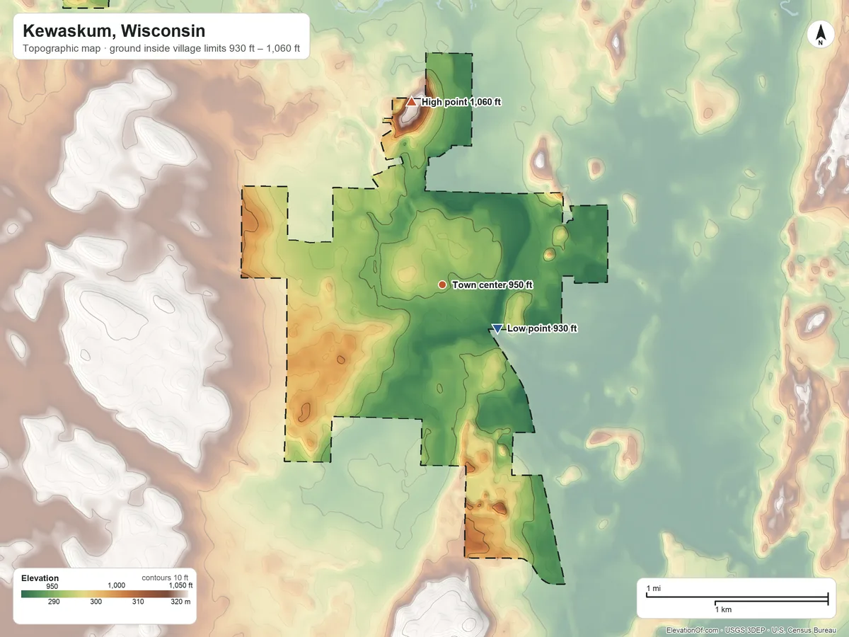 Topographic elevation map of Kewaskum, Wisconsin, shaded from 930 ft on the southeast side to 1,060 ft on the north side