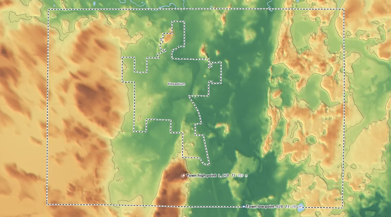 Topographic elevation map of Town of Kewaskum, Wisconsin, shaded from 920 ft on the south side to 1,170 ft on the southwest side
