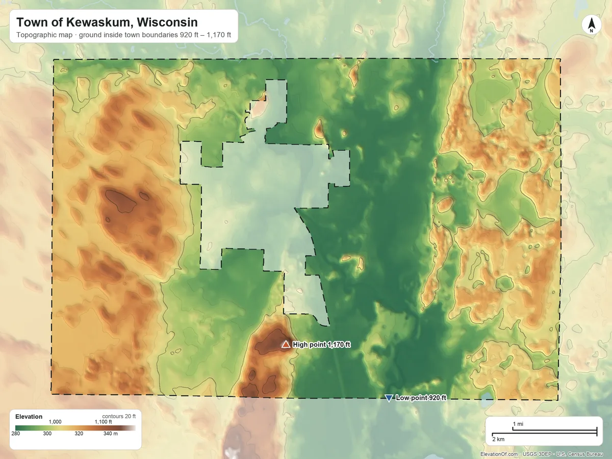Topographic elevation map of Town of Kewaskum, Wisconsin, shaded from 920 ft on the south side to 1,170 ft on the southwest side