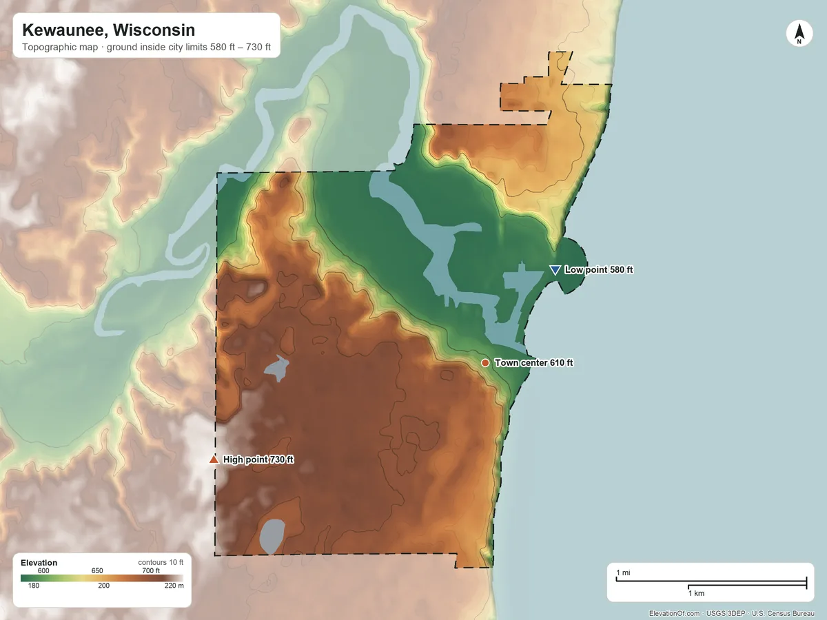 Topographic elevation map of Kewaunee, Wisconsin, shaded from 580 ft on the northeast side to 730 ft on the west side