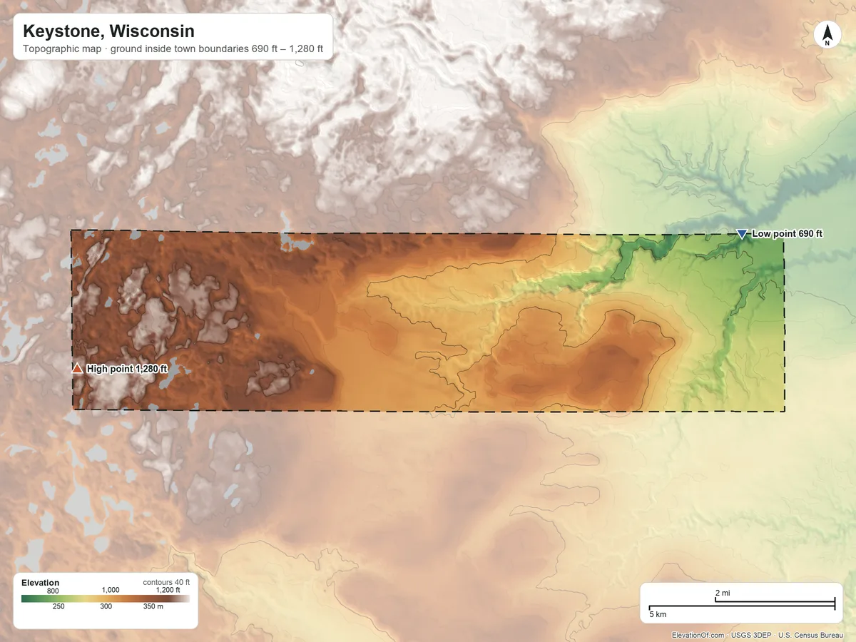 Topographic elevation map of Keystone, Wisconsin, shaded from 690 ft on the northeast side to 1,280 ft on the west side