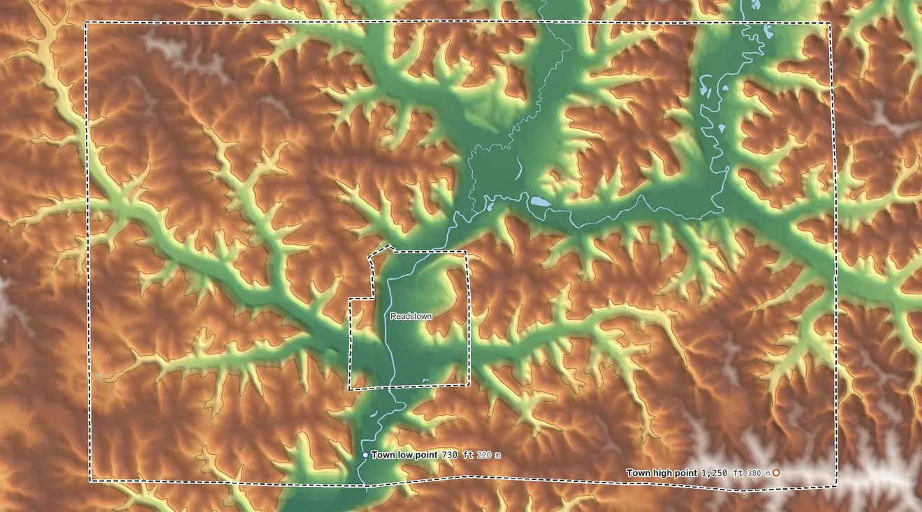 Topographic elevation map of Kickapoo, Wisconsin, shaded from 730 ft on the southwest side to 1,250 ft on the southeast side