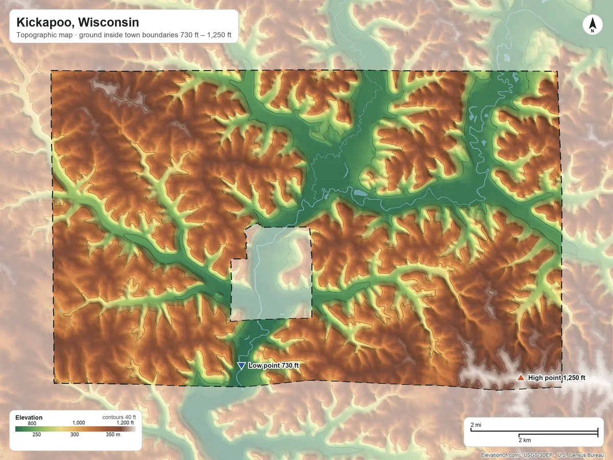 Topographic elevation map of Kickapoo, Wisconsin, shaded from 730 ft on the southwest side to 1,250 ft on the southeast side