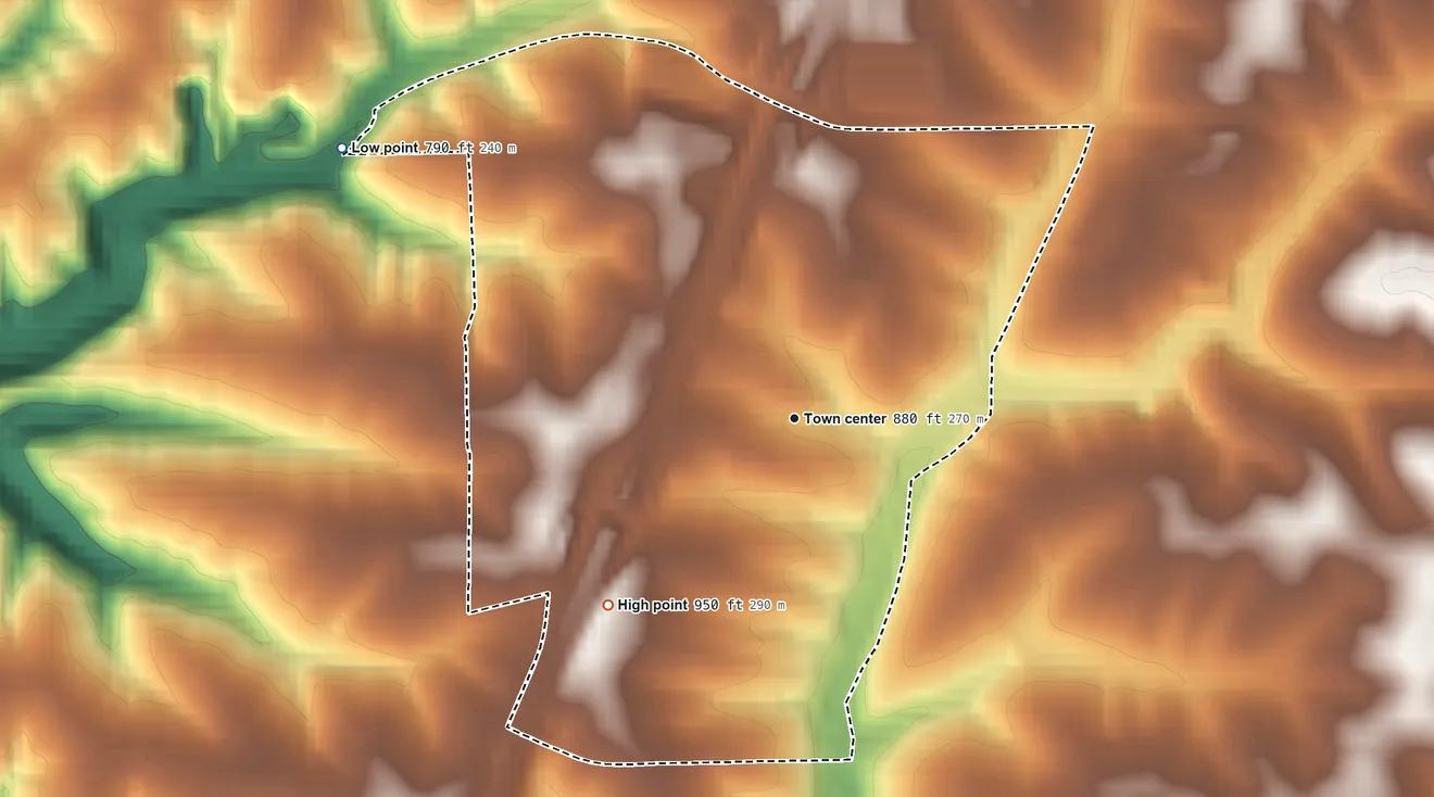 Topographic elevation map of Kieler, Wisconsin, shaded from 790 ft on the northwest side to 950 ft on the southwest side