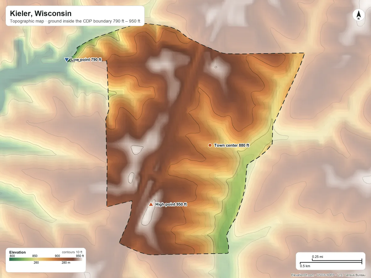 Topographic elevation map of Kieler, Wisconsin, shaded from 790 ft on the northwest side to 950 ft on the southwest side