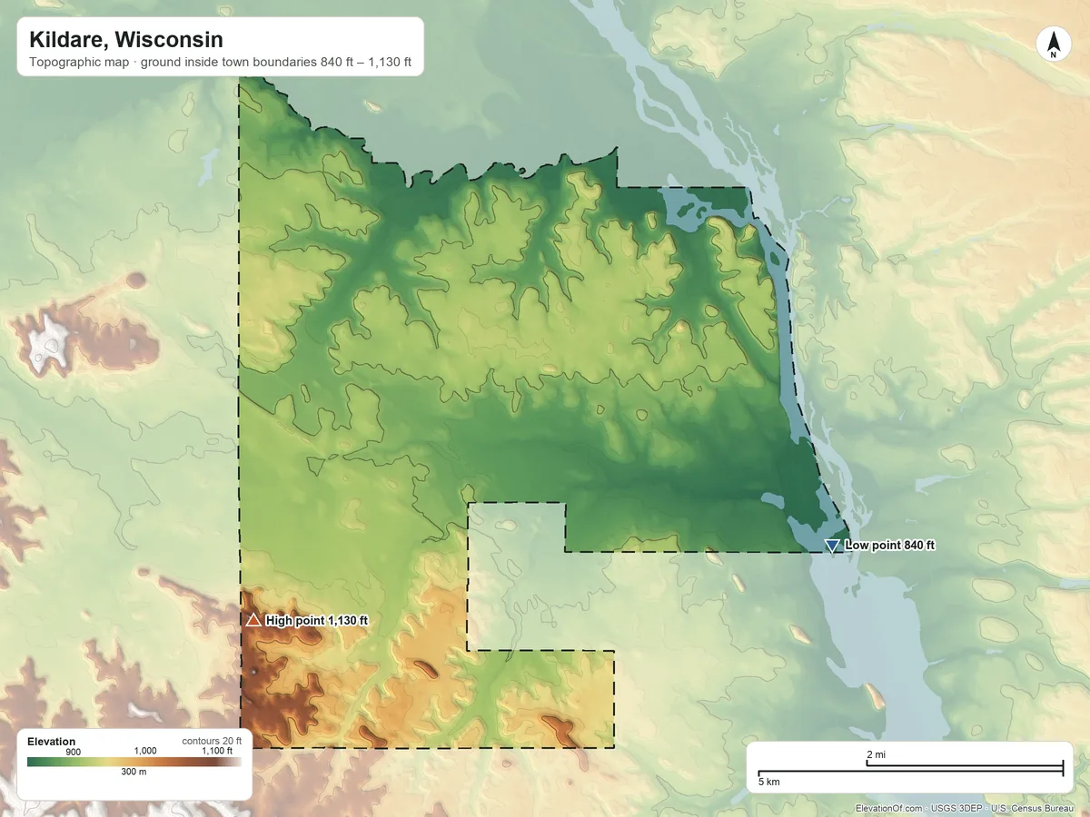 Topographic elevation map of Kildare, Wisconsin, shaded from 840 ft on the east side to 1,130 ft on the southwest side