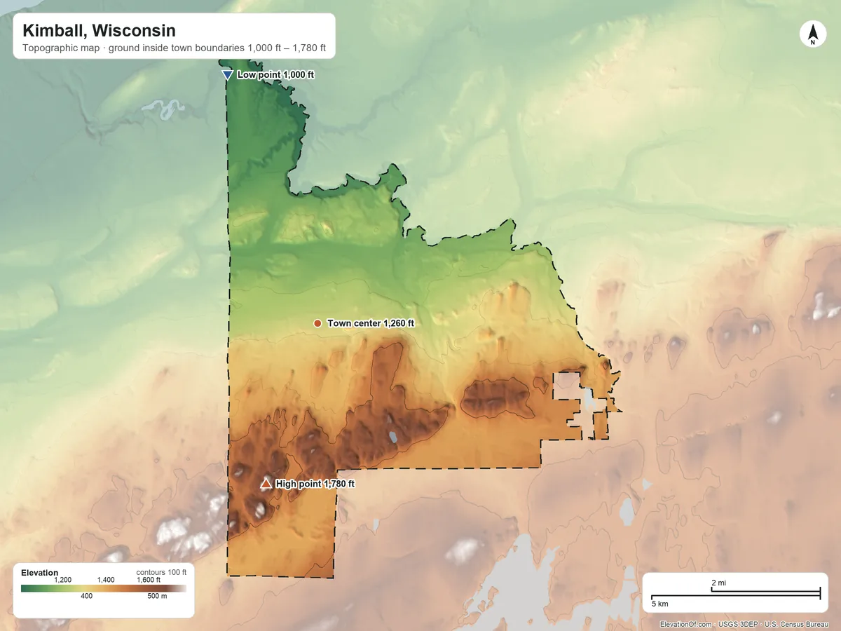 Topographic elevation map of Kimball, Wisconsin, shaded from 1,000 ft on the north side to 1,780 ft on the south side