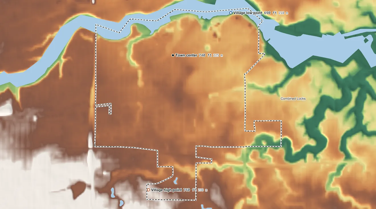 Topographic elevation map of Kimberly, Wisconsin, shaded from 690 ft on the northeast side to 760 ft on the south side
